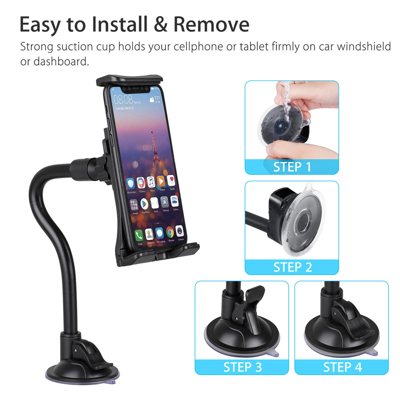 Car Tablet Mount Holder [13" Gooseneck Extension], Long Arm Car Windshield Phone Holder Suction Cup Mount for iPad Mini/Air, Samsung Galaxy Tab S10 S10e, All 4 -11 inch Smartphones & Tablet