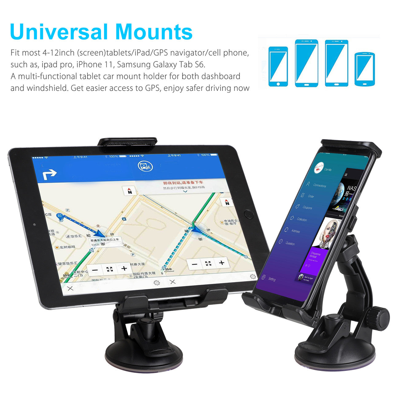 Car Tablet Holder, Tablet Dash Mount Holder for Car Windshield Dashboard - Universal Tablet Phone Car Mount w/ Suction Cup Compatible with iPad Mini Air 4 3/ Samsung Galaxy Tab & All 4-12" Tablets