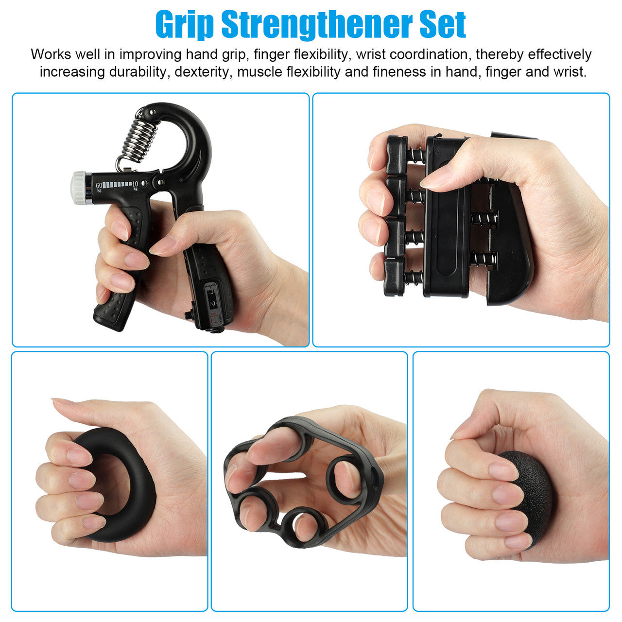 Hand Grip Strengthener Set, Black, 5pcs