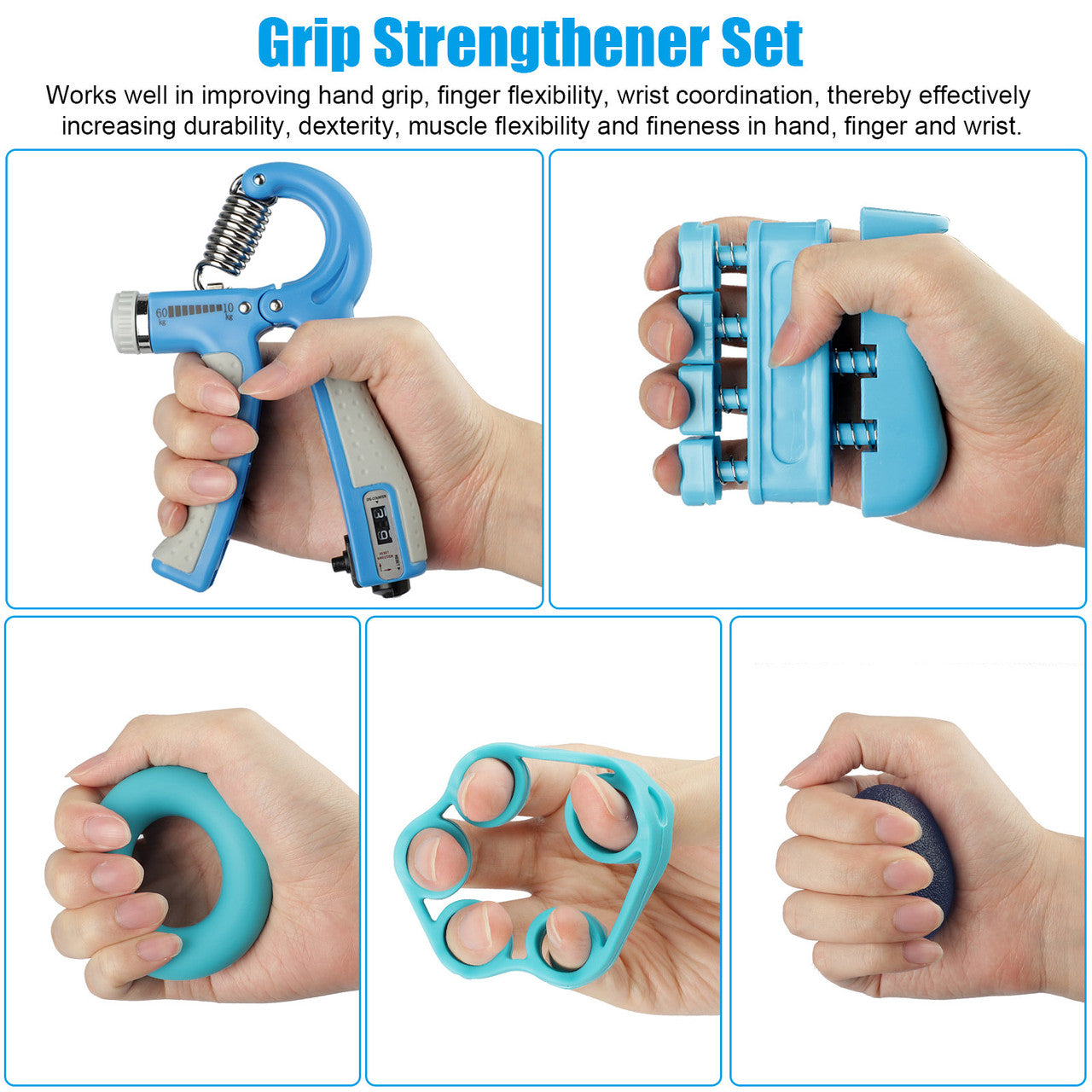 Hand Grip Strengthener Set, Blue, 5pcs