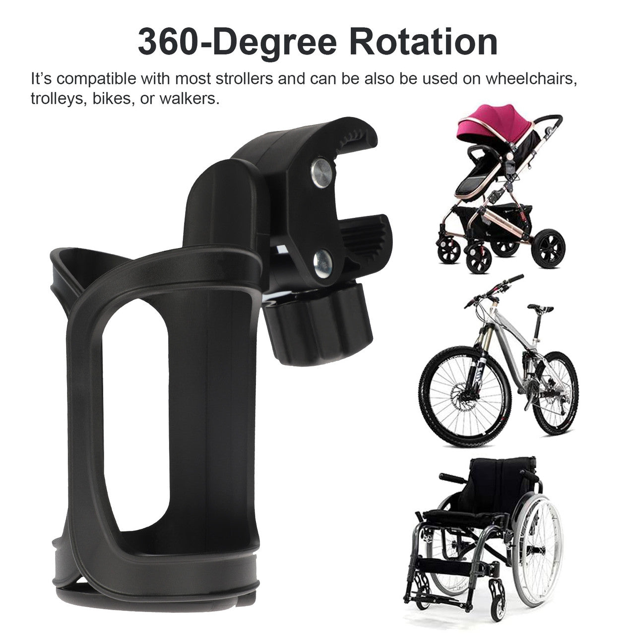 Bike Water Bottle Holder - 360 Degree Rotating Adjustable Motorcycle Bottle Cage for Motorcycle, Baby Stroller, Bicycle Wheelchair (Black)