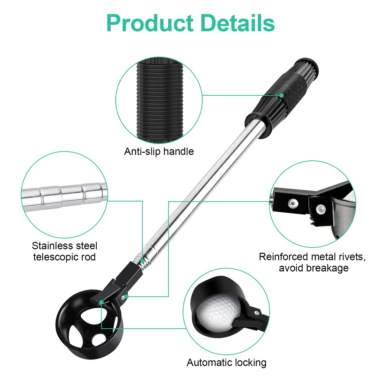 High-Quality Stainless Golf Ball Retriever - Telescopic Design with Automatic Locking and Anti-Slip Handle