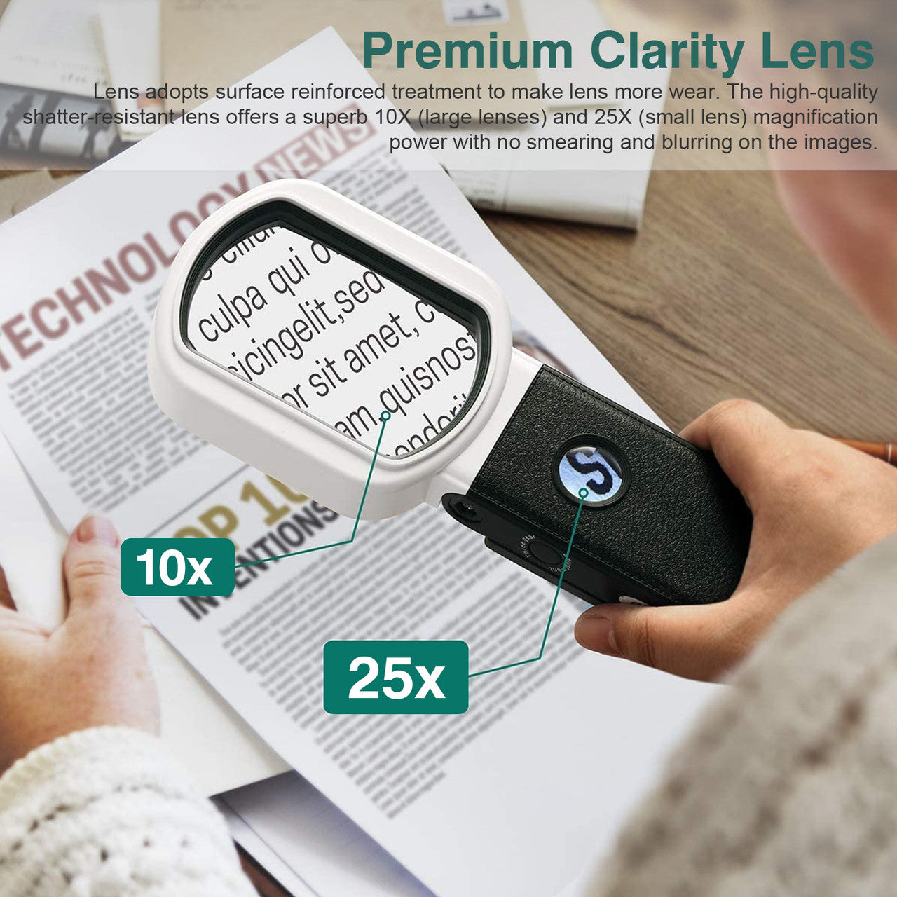 Illuminated Magnifying Glass Detachable Glass Lens 10X 25X Large Handheld Lighted Magnifier with 9 LED Lights for Seniors Macular Degeneration Lens for Reading, Inspection, Jewellery, Hobbies & Crafts
