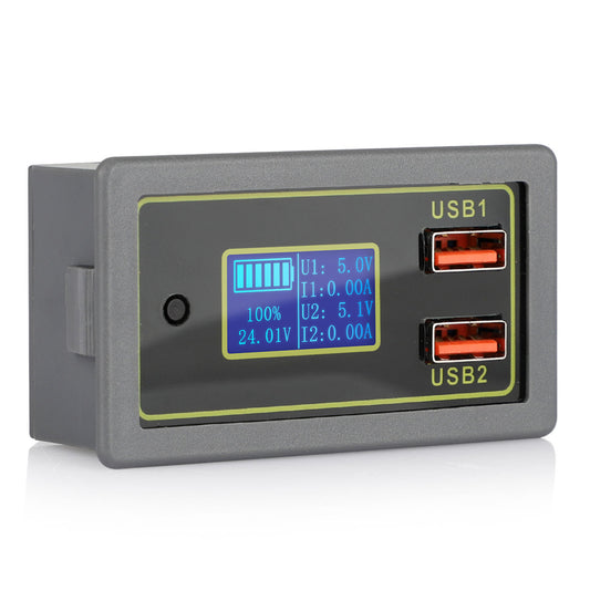 Battery Monitor Voltmeter, Dual Port USB Battery Capacity Tester, Percentage Level Voltage Digital Meter Gauge 12V 24V LCD Display, Lithium Iron-Lithium Lead-Acid Battery Power Ammeter Indicator