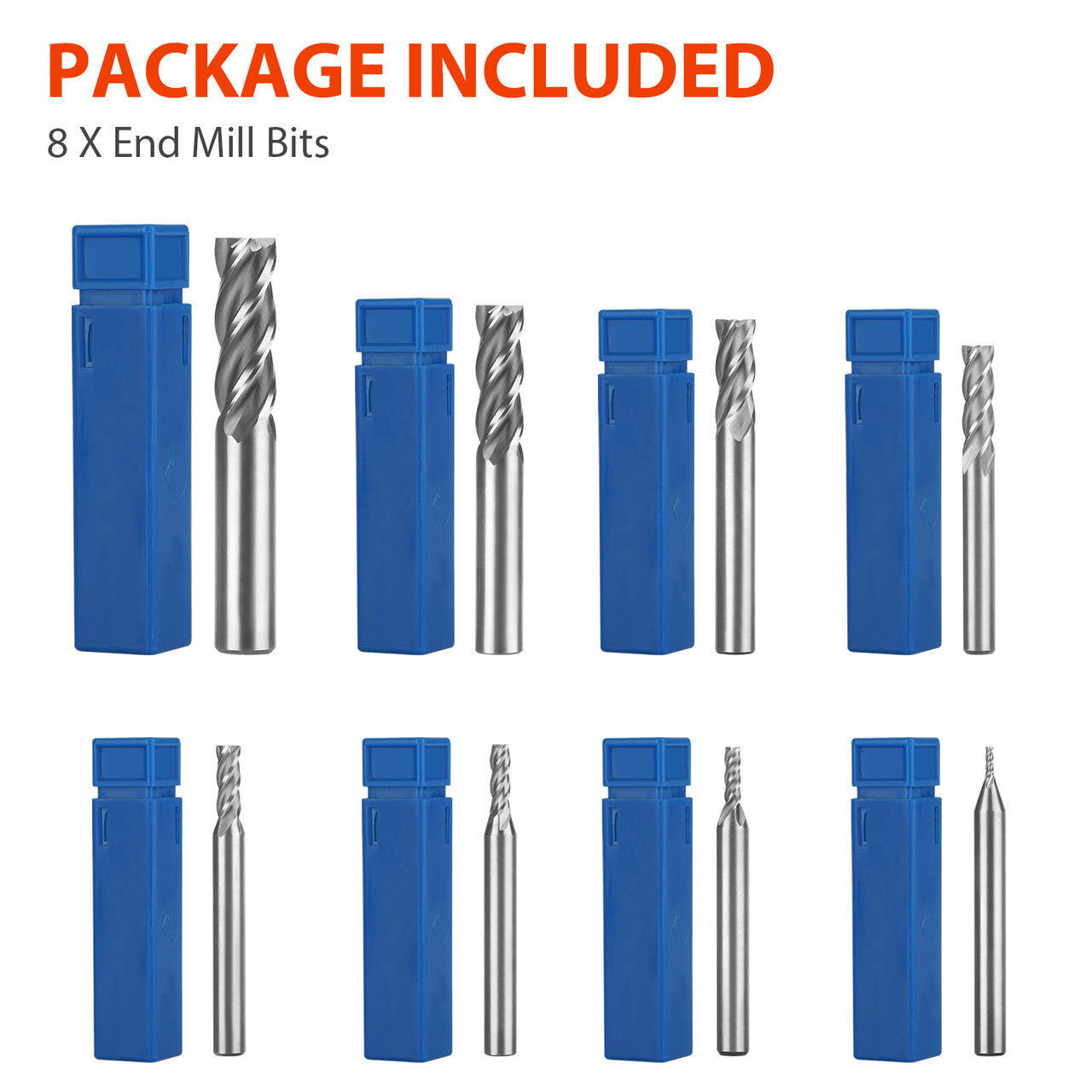 8 PCS Carbide End Mill Cutter, 8 in 1 Cutting Diameter--1/16", 1/8", 5/32", 3/16", 1/4", 5/16", 3/8", 1/2",with Negative Rake Angle and Large-core for Wood, Carbon Steel, Cast Iron, Titanium, Aluminum