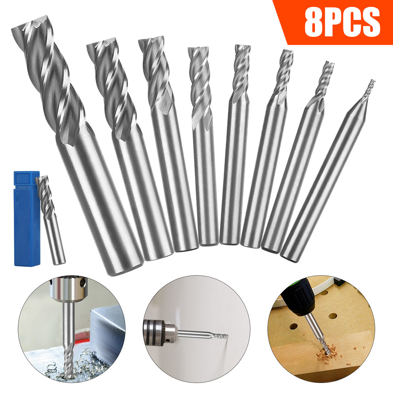8 PCS Carbide End Mill Cutter, 8 in 1 Cutting Diameter--1/16", 1/8", 5/32", 3/16", 1/4", 5/16", 3/8", 1/2",with Negative Rake Angle and Large-core for Wood, Carbon Steel, Cast Iron, Titanium, Aluminum