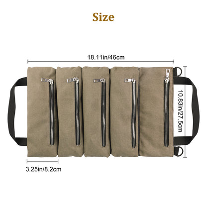 Roll Up Tool Bag - #12 Cotton canvas Heavy Duty Multi-Purpose Toll Organizer Bag for Motocycle, Truck, Car, UTV, Compact Roll Up Tool Bag for Mechanic & Electrician, 5 Zippered Tool Pockets (Khaki)