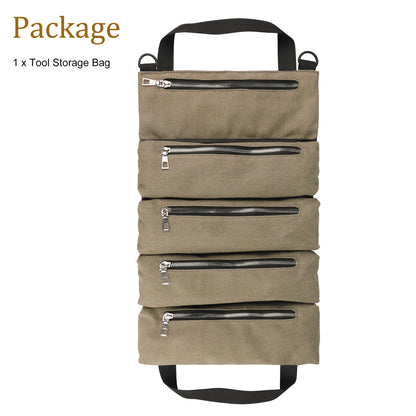 Roll Up Tool Bag - #12 Cotton canvas Heavy Duty Multi-Purpose Toll Organizer Bag for Motocycle, Truck, Car, UTV, Compact Roll Up Tool Bag for Mechanic & Electrician, 5 Zippered Tool Pockets (Khaki)