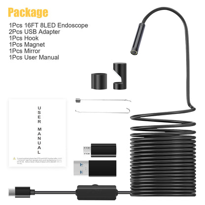 USB Inspection Camera Wireless Endoscope, WiFi with 8 Adjustable LED Waterproof for Android/iOS