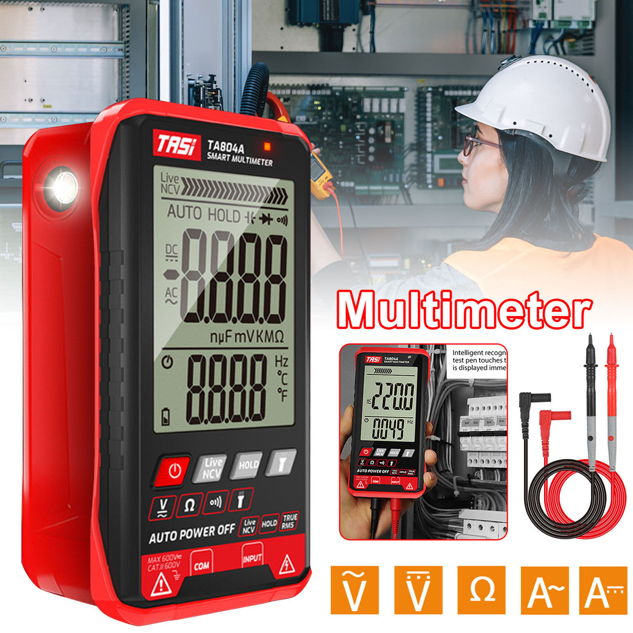 Multimeter Ohmmeter Ammeter Voltmeter Digital Display with NCV Measurements and Flashlight Lighting