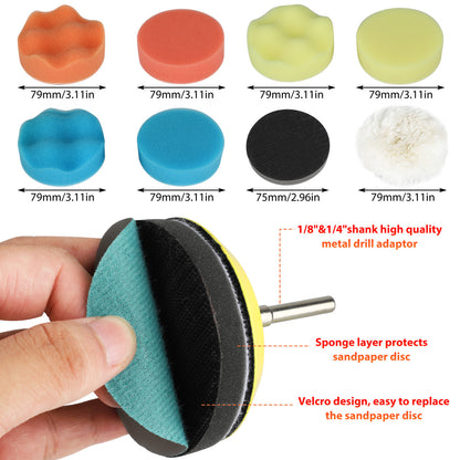 132 Packs 3 Inch Car Polishing Sanding Disc & Buffing Sponge Pads Kit with 1/4 Inch Shank Backing Pad +Soft Interface Pad +Woolen Buffer Pads