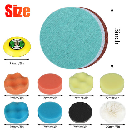 132 Packs 3 Inch Car Polishing Sanding Disc & Buffing Sponge Pads Kit with 1/4 Inch Shank Backing Pad +Soft Interface Pad +Woolen Buffer Pads