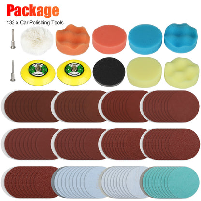 132 Packs 3 Inch Car Polishing Sanding Disc & Buffing Sponge Pads Kit with 1/4 Inch Shank Backing Pad +Soft Interface Pad +Woolen Buffer Pads