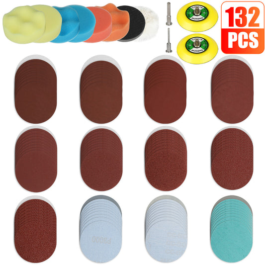 132 Packs 3 Inch Car Polishing Sanding Disc & Buffing Sponge Pads Kit with 1/4 Inch Shank Backing Pad +Soft Interface Pad +Woolen Buffer Pads