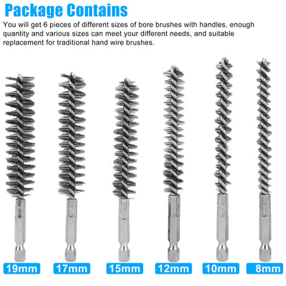 6 Packs Stainless Steel Bore Brush-Hex Shank Twisted Wire Bore Brushes (8MM, 10MM, 12MM, 15MM, 17MM, 19MM)