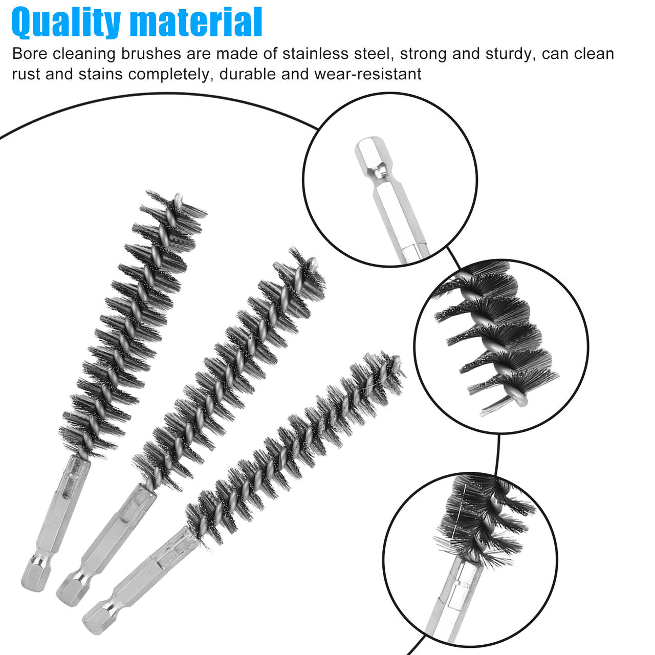 6 Packs Stainless Steel Bore Brush-Hex Shank Twisted Wire Bore Brushes (8MM, 10MM, 12MM, 15MM, 17MM, 19MM)