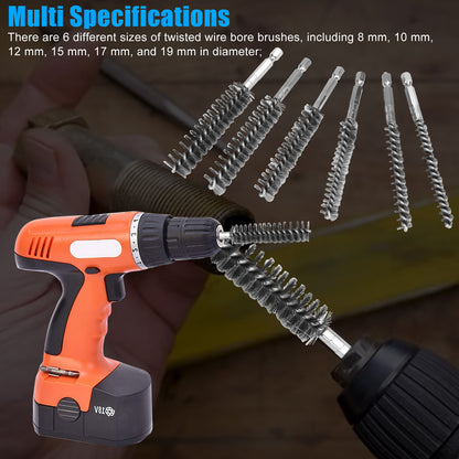 6 Packs Stainless Steel Bore Brush-Hex Shank Twisted Wire Bore Brushes (8MM, 10MM, 12MM, 15MM, 17MM, 19MM)