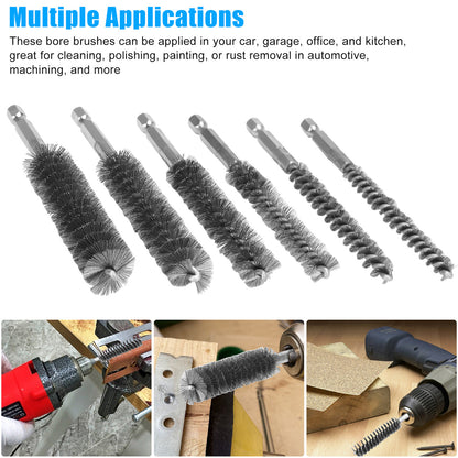 6 Packs Stainless Steel Bore Brush-Hex Shank Twisted Wire Bore Brushes (8MM, 10MM, 12MM, 15MM, 17MM, 19MM)