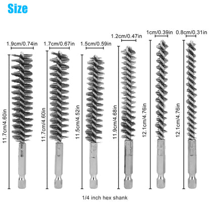 6 Packs Stainless Steel Bore Brush-Hex Shank Twisted Wire Bore Brushes (8MM, 10MM, 12MM, 15MM, 17MM, 19MM)