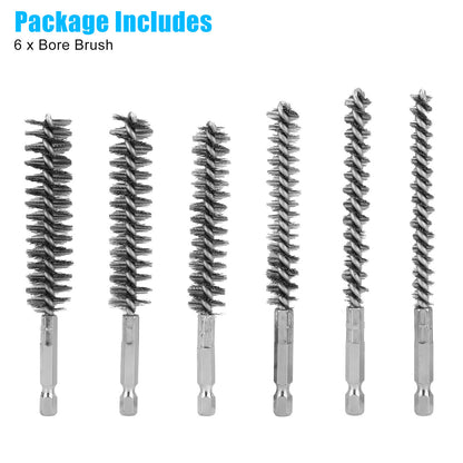 6 Packs Stainless Steel Bore Brush-Hex Shank Twisted Wire Bore Brushes (8MM, 10MM, 12MM, 15MM, 17MM, 19MM)