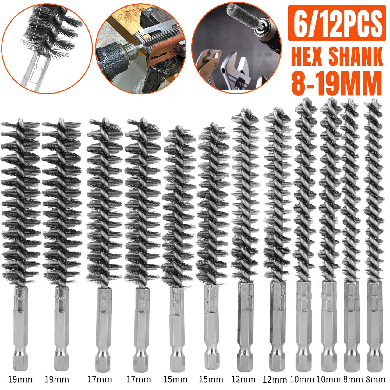6 Packs Stainless Steel Bore Brush-Hex Shank Twisted Wire Bore Brushes (8MM, 10MM, 12MM, 15MM, 17MM, 19MM)
