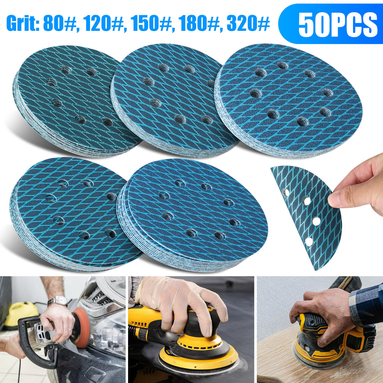 50 Packs Sanding Disc Sand Paper 5" 8 Hole - Loop Sandpaper 80/120/180/240/320 Assorted Anti Clogging Rhombus Sanding Disc
