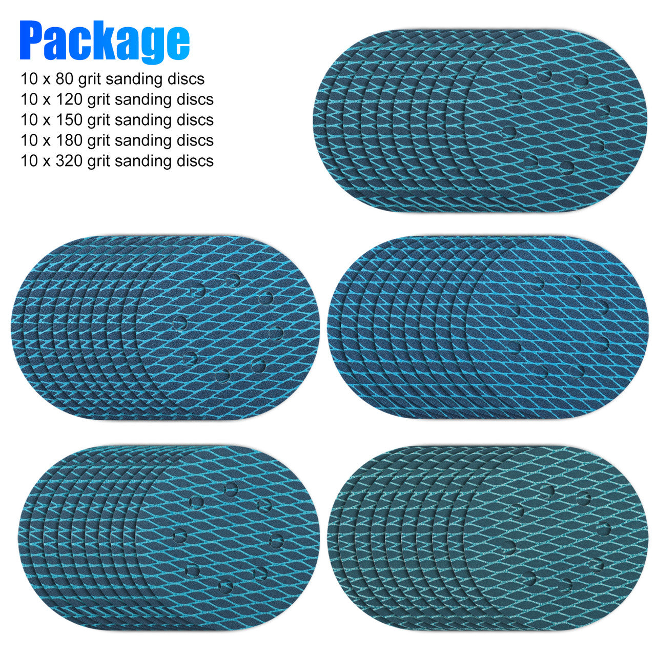 50 Packs Sanding Disc Sand Paper 5" 8 Hole - Loop Sandpaper 80/120/180/240/320 Assorted Anti Clogging Rhombus Sanding Disc