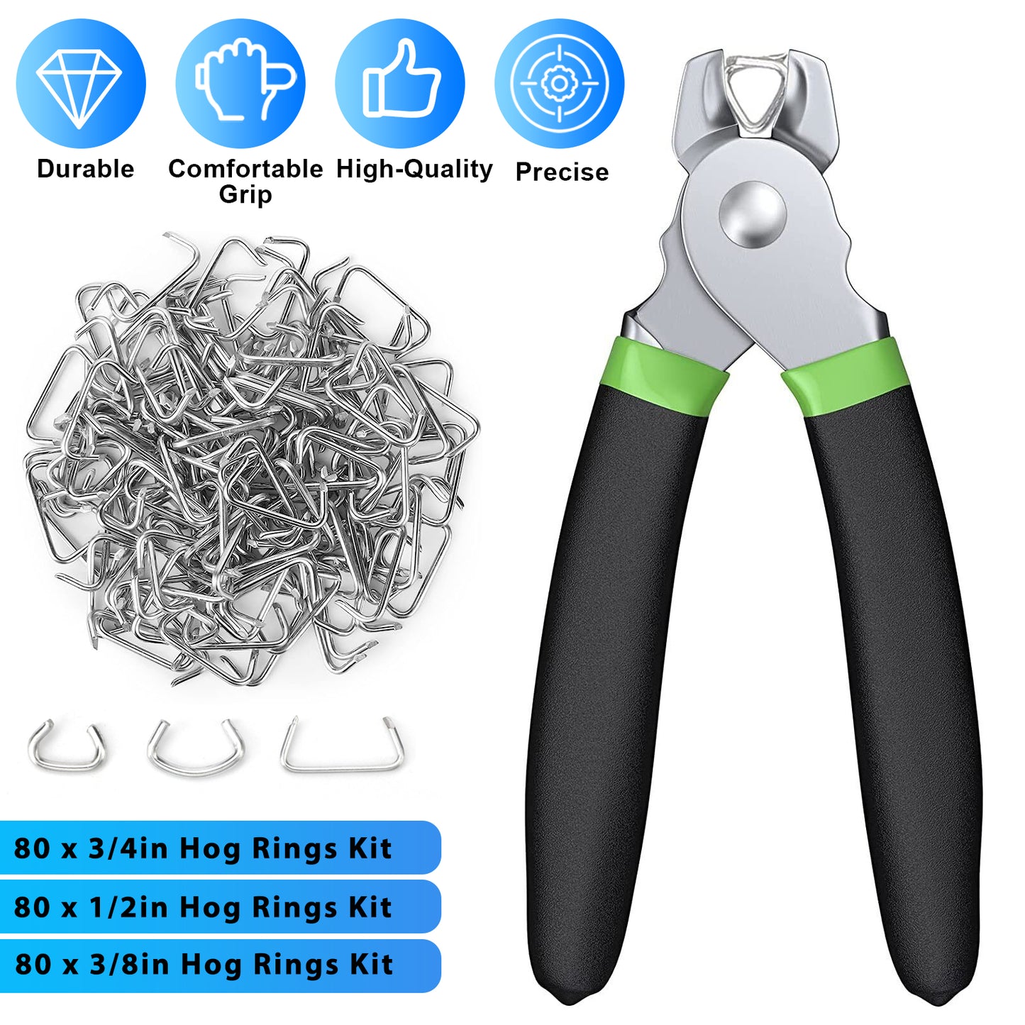 Hog Ring Pliers Set - Durable Steel Pliers and 240 Hog Rings, Cushioned Handles, Multiple Sizes for Versatile Use