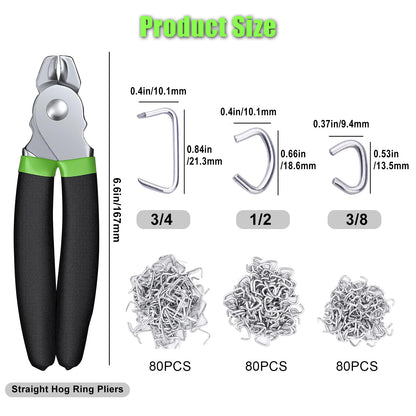 Hog Ring Pliers Set - Durable Steel Pliers and 240 Hog Rings, Cushioned Handles, Multiple Sizes for Versatile Use