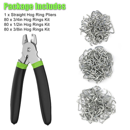 Hog Ring Pliers Set - Durable Steel Pliers and 240 Hog Rings, Cushioned Handles, Multiple Sizes for Versatile Use