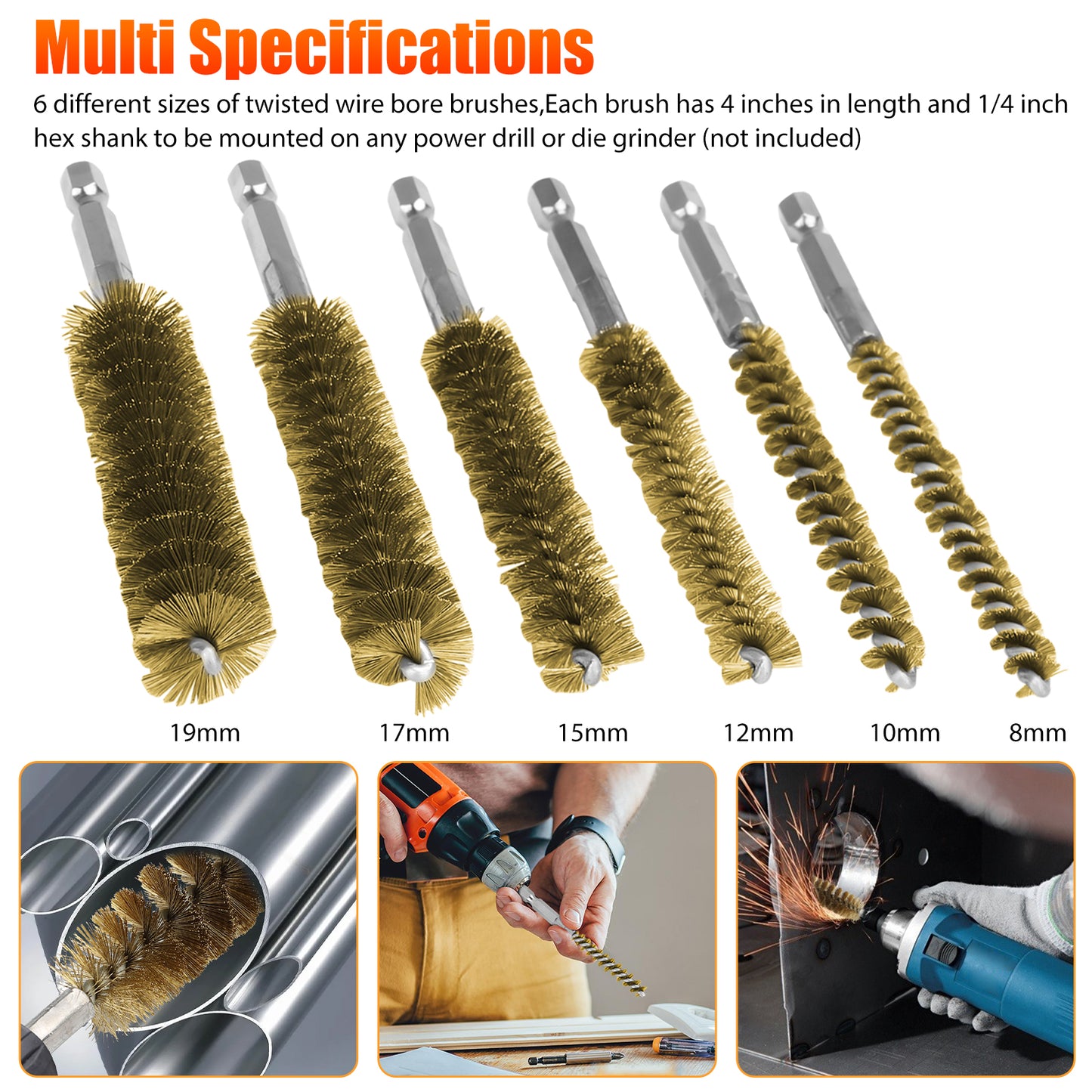 High-Quality Brass Bore Cleaning Brushes - Set of 6 Wire Brushes for Cleaning, Polishing, and Rust Removal