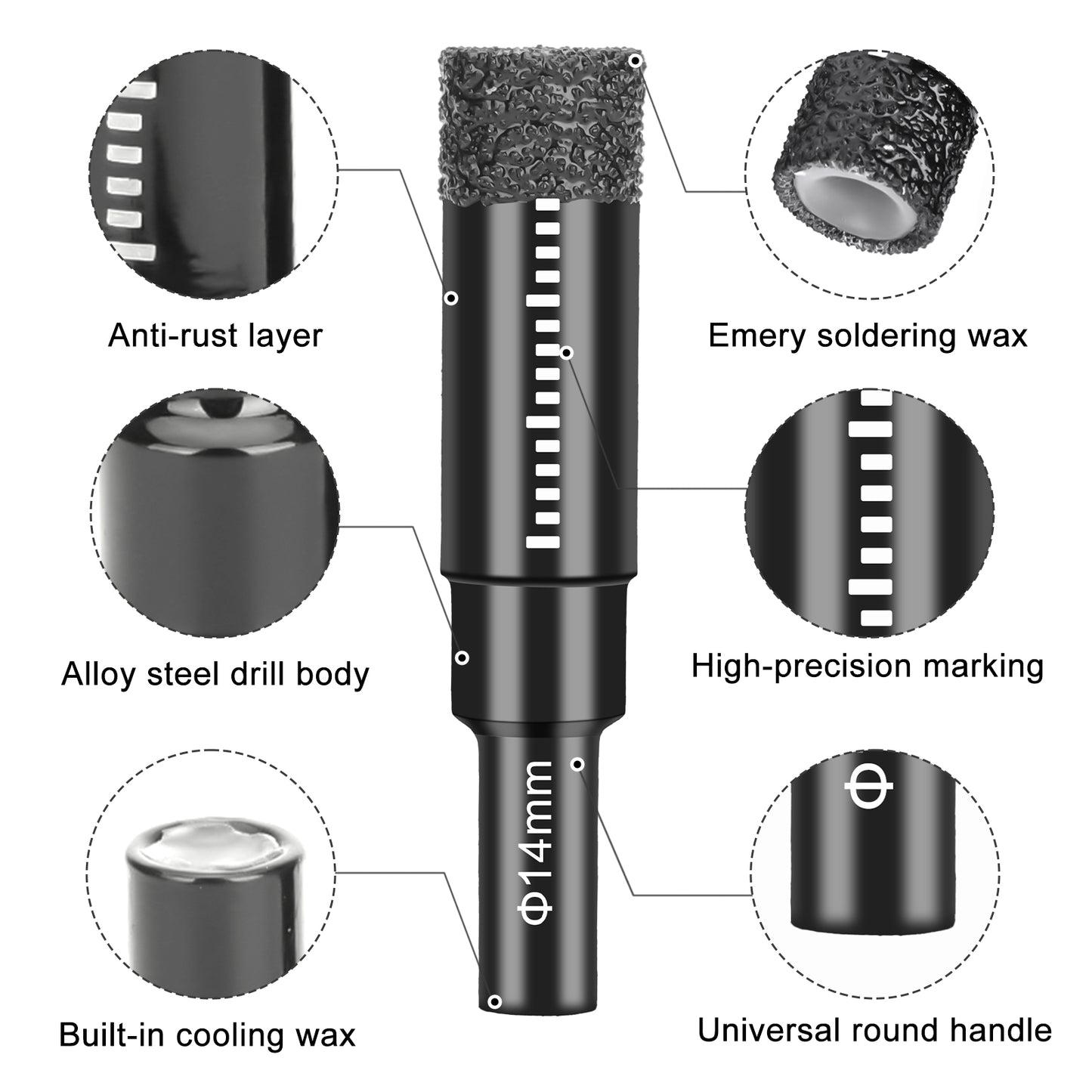5 pcs Diamond Drill Bits Set-Core Drill Bits for Hard Materials - Ideal for drilling in tough materials like tiles, porcelain, granite, ceramic, glass, mirrors, marble, stone, masonry, and brick (not suitable for wood)，Sizes 6mm, 8mm, 10mm, 12mm, and 14mm