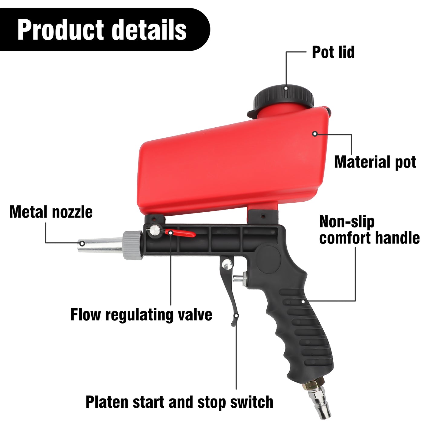 1/4” Portable Handheld Sandblasting Gun - 90 Psi Air pressure, Lightweight Design for Precision Blasting, Ideal for Metal Surface Restoration and Rust Removal