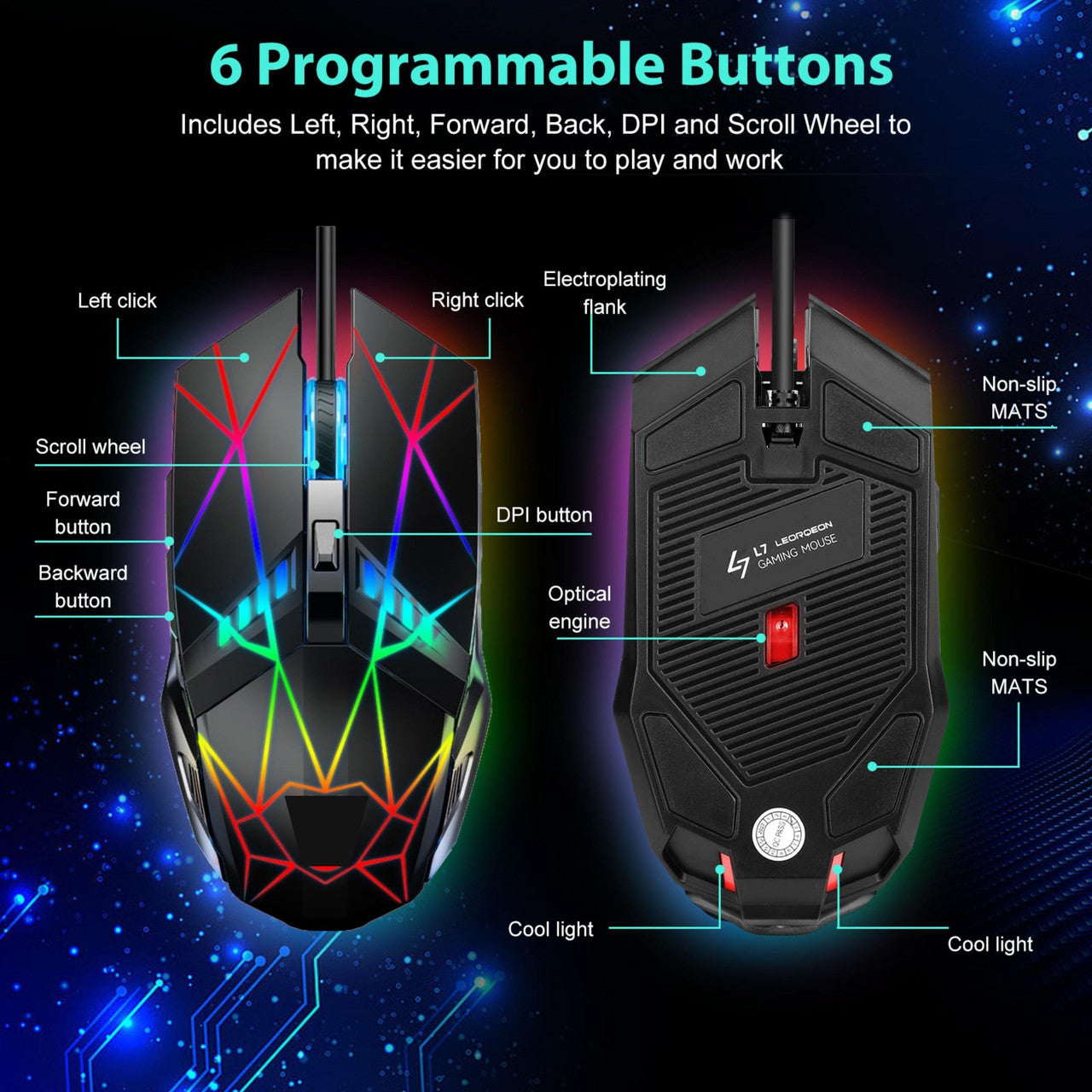Ergonomic LED Wired Gaming Mouse - Laptop Computer Mice with 6 Programmable Buttons, 4 Adjustable DPI Up to 4800